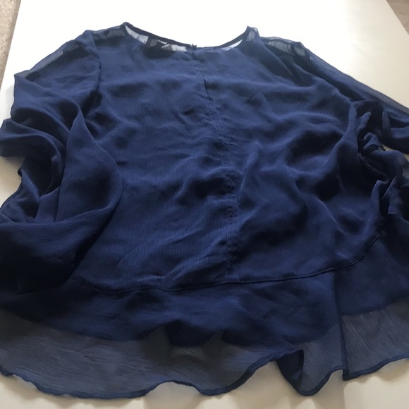 🎃LOFT- Navy Blue Sheer Ruffled Tier Shirt-M - Picture 3 of 14